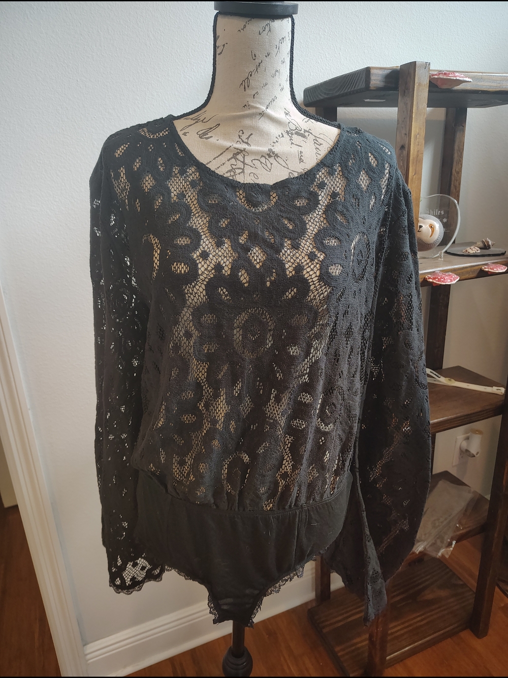 Free People Black Floral Crochet Long Sleeve Bodysuit